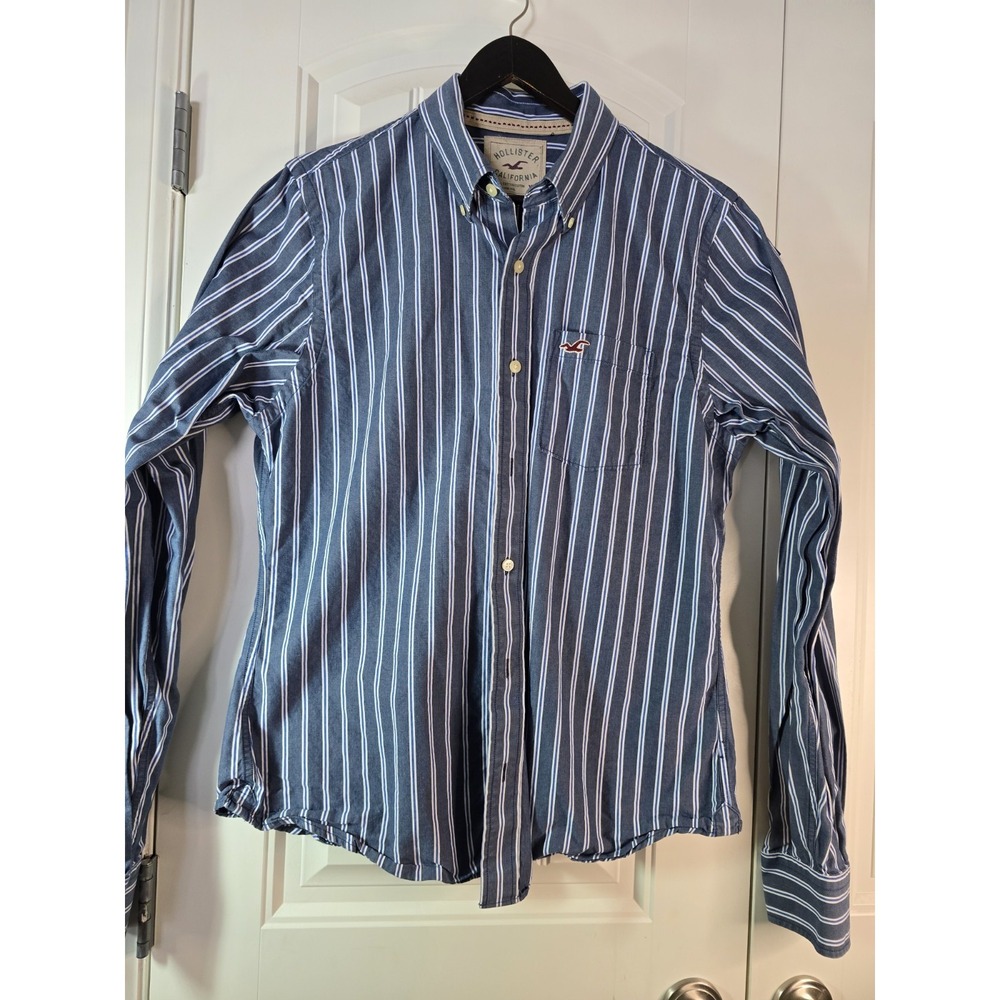 Hollister Mens XL Button Down‎ Shirt Navy Blue White Striped Long Sleeve Cotton